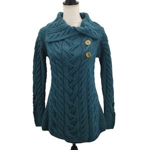 Shannon Woolen Mills Ireland Super Soft Merino Wool Cardigan Teal Green Size XS